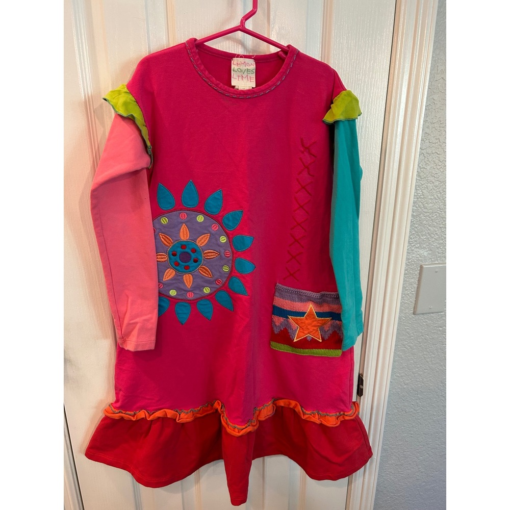 Lemon Loves Lime Dress Pink Colorblock Sun Star Applique Ruffle Kids 10Y